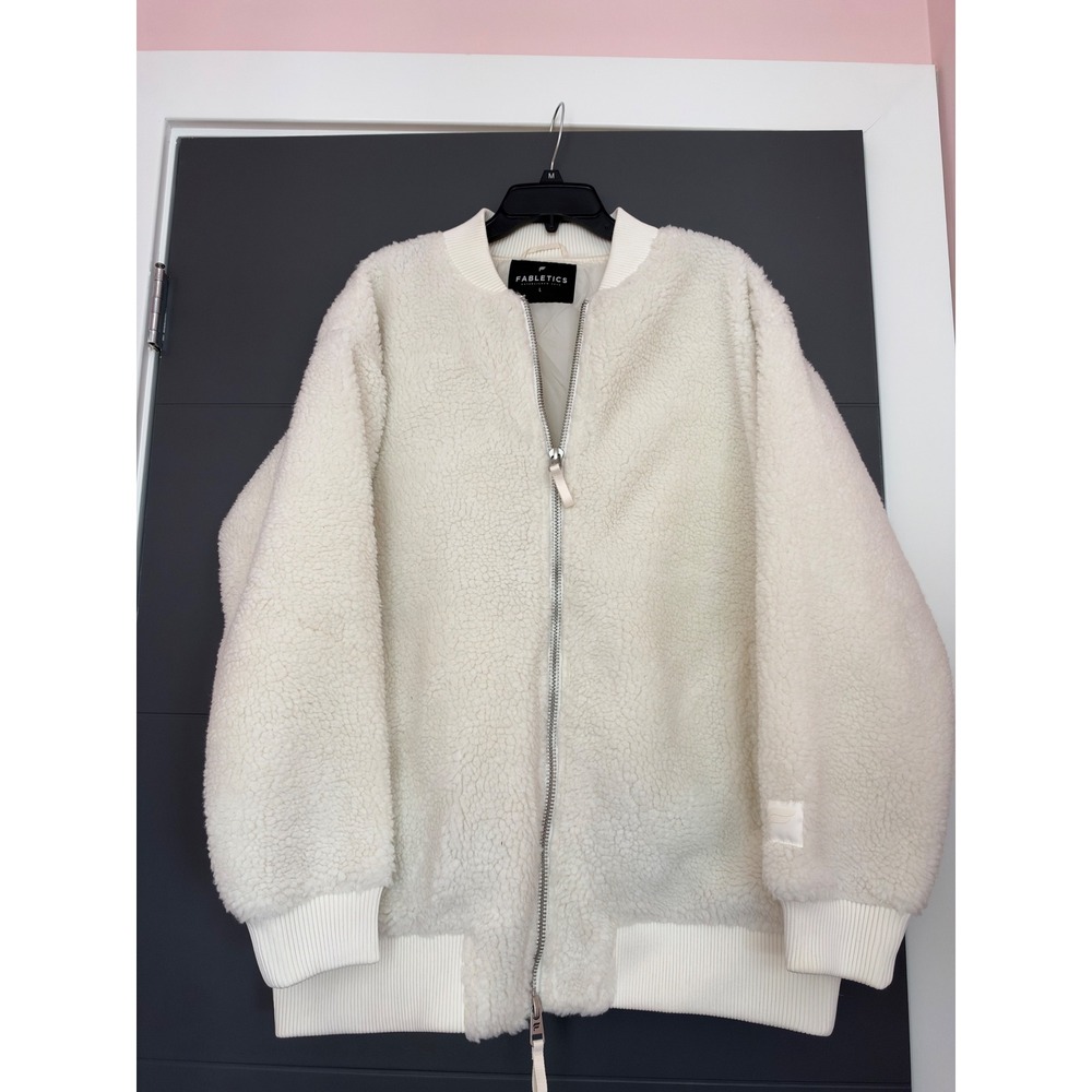 Fabletics Womens Sherpa Bomber Jacket Cream White Zip Up JT2500508 Size L